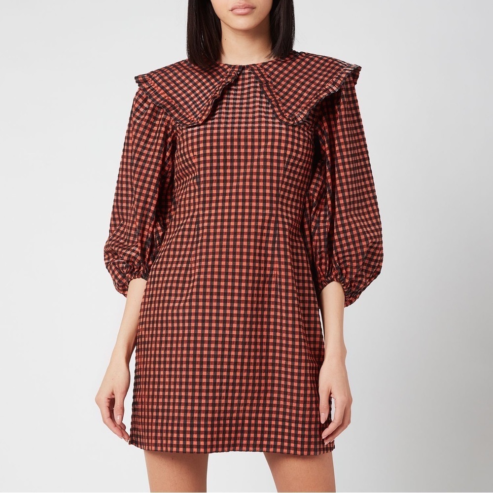 Ganni Seersucker Check puff sleeve unlined bib collar Mini Dress Size 0
